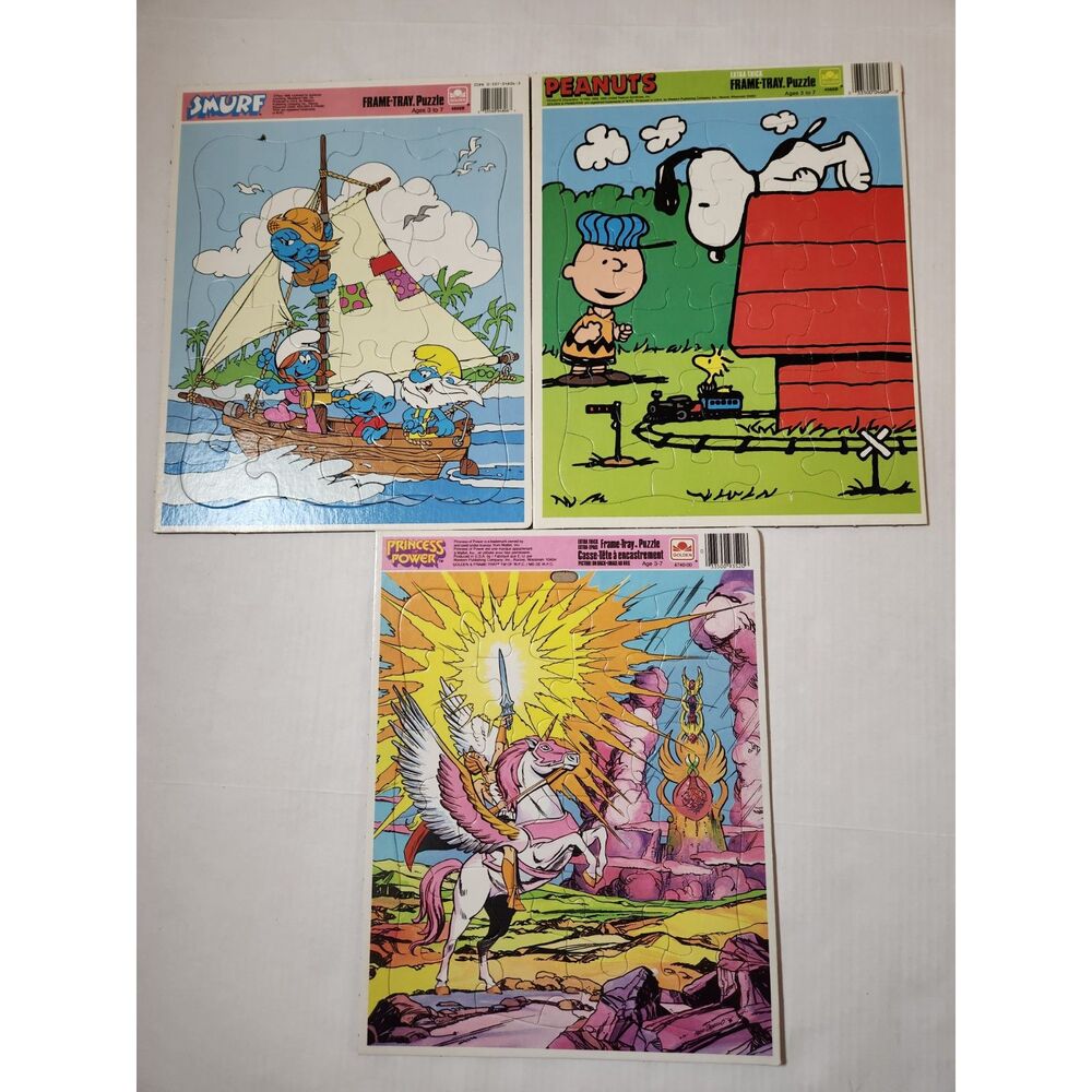 Vintage Golden Frame‑Tray Puzzles Lot of 3 Peanuts Smurfs Princess of Power